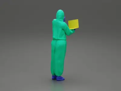 woman wearing antivirus suit standing and holding a laptop 3D print model