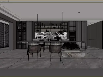Modern Luxury Kitchen and Dining Space with Wine Display 3D model