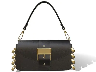 Black leather handbag with safety pin decorate 3D model