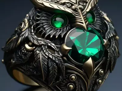 Luxury Owl Ring Jewerly Emerald Gem Gold Filigree 3D Low-poly 3D model