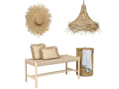 Wicker bamboo decor bathroom set 01 3D model