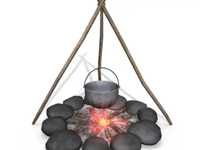 Campfire tepee with fire and rocks Free low-poly 3D model