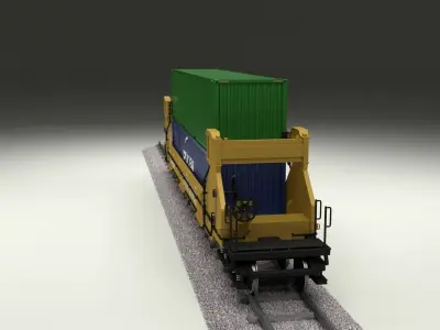 Yellow Train Well Car w Containers 3D model