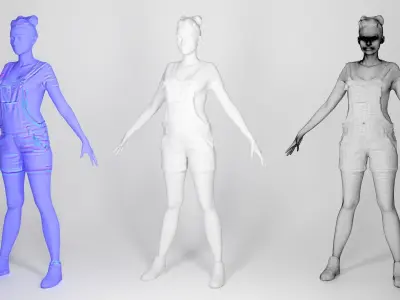 Pretty girl in denim in A-pose 191 Low-poly 3D model