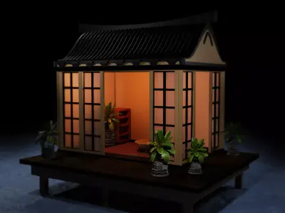 Japanese Garden Structure Teahouse Viewing Pavilions with plants Low-poly 3D model