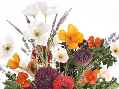 Realistic bouquet flowers poppy lavender branches vase 630 3D model