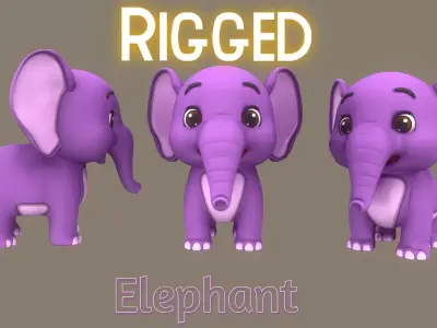 Rigged Violet Elephant Stylized Low-poly 3D model Low-poly 3D model