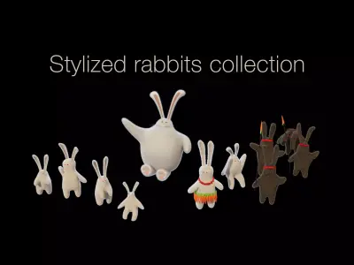 Stylized furry rabbits collection low poly Low-poly 3D model