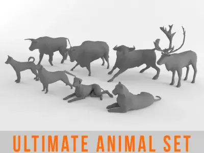 Ultimate Low Poly Animal Bundle Set Pack Bull Deer Dog Tiger Low-poly 3D model