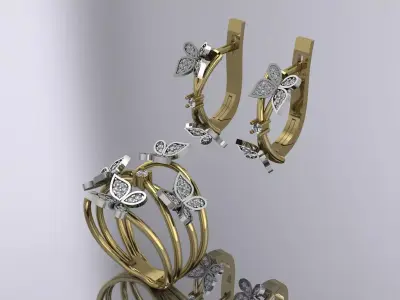 Elegant Jewelry Set Ring Earring Diamond Gold 3D print model