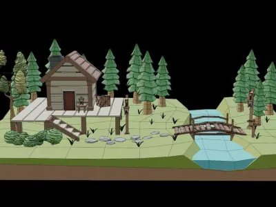 Low poly House in forest Free low-poly 3D model