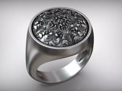 Rococo Floral Ornament Signet Circle Ring 3D print model