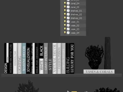 Decorative set of organic coral with books and vases 3D model