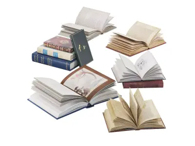 Books Collection set 5 open book with gold medallion on cover 3D model