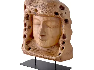 Hand-Carved Teak Buddha Head Statue 3D model