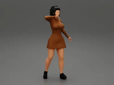 young woman in neck long sleeve dress 3D print model