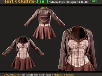 3 in 1 Girls Outfits- MD-Clo3d -OBJ - FBX -Materials-Textures 3D model