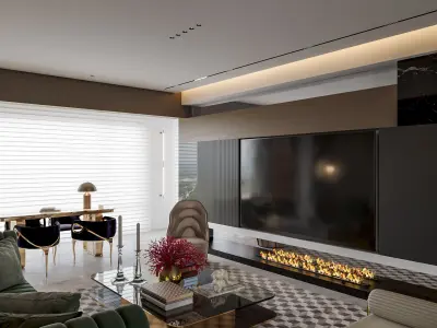 Luxury living room and dining room scene 3D model
