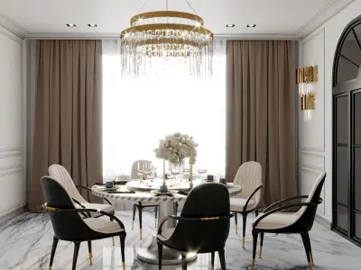 Furniture set dining room with marble floor and chandelier 3D model