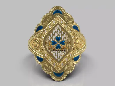 Elagent Gold Filigree Ring with Blue Enamel - Sizes Included 3D print model