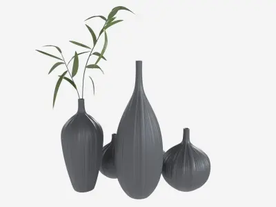 Ceramic dark vase set with plants 3D model