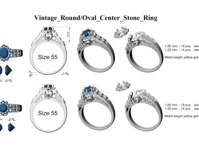 Vintage Round Oval Center Stone Ring 3D print model