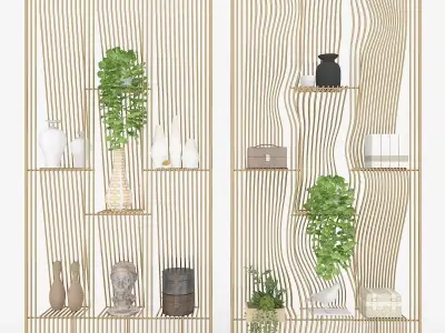 Metal Shelf with Figurines Indoor Plants and Casket 3D model