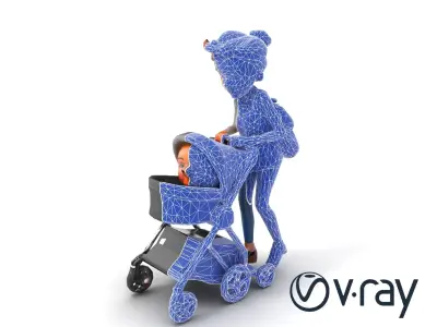 Cartoon Woman and Baby with Stroller Model Pack Low-poly 3D model