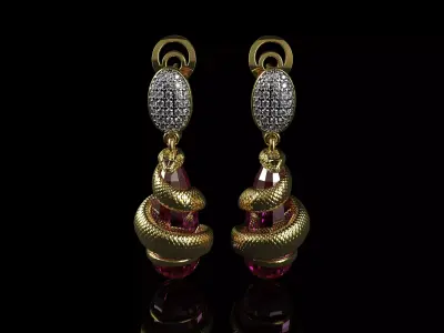 Clear Pink Sapphire Earrings With Gold Snakes 3D print model