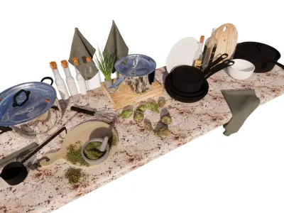 3D Kitchen Tableware and Cookware Set Low-poly 3D model