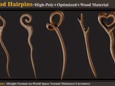 15 Wood Hairpins-High Poly-Optimized- FBX-OBJ- Wood Material  3D model