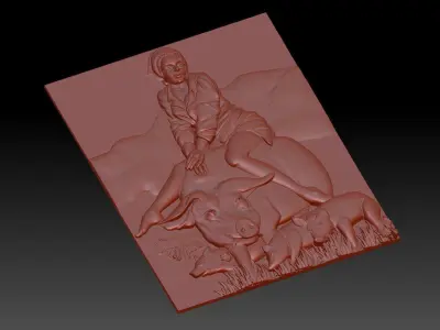 Girl and pig 3D print model