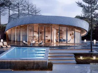 Modern Curved Villa Exterior with Pool and Night Lighting Low-poly 3D model