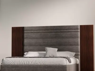 Luxury Upholstered Bed with Wood Accent Panels 3D model