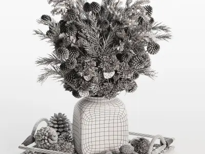 Rustic Winter Centerpiece with Pinecones and Cotton Flowers 3D model