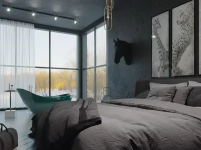 Bedroom-Bathroom modern bedroom with mountains 3D model