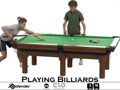 Pool Hall Scene with Two Posed Characters Low-poly 3D model