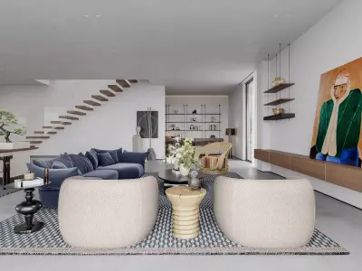 Modern medieval style living room and dining room interior 3D model