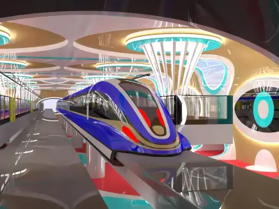 Sci-fi maglev station with train 3D model