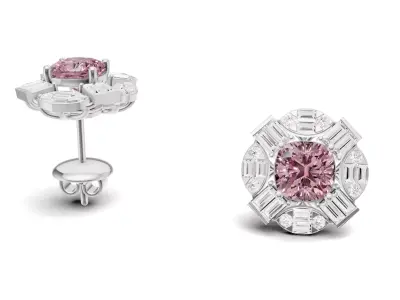 Cushion Colour Stone Stud with Baguette and Round Diamond 3D print model