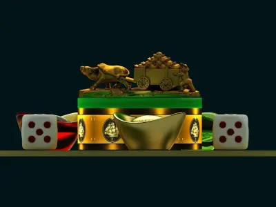 Chinese gold  ingot and dice with gold cart  3D model