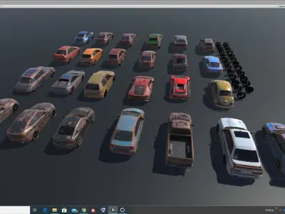 Pack Of wrecked rusted Low Poly 25 Sports Cars and 25 Rims Low-poly 3D model