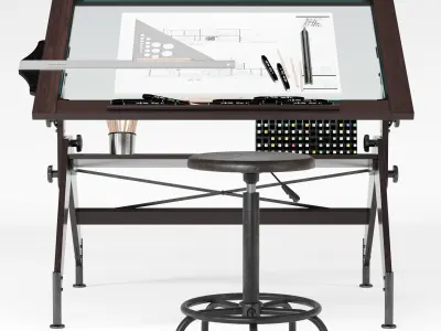 Aries Wood and Glass Drawing Table Retro Drafting Stool 3D model