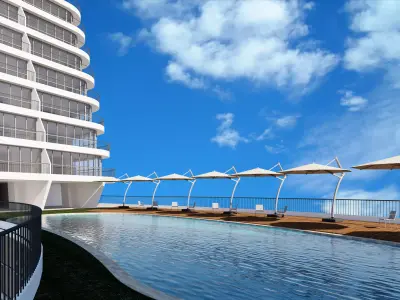 Hotel with swimming pool and lounge chairs 3D model