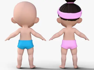 Cute Baby Boy and Girl 3D Cartoon Model Low-poly 3D model
