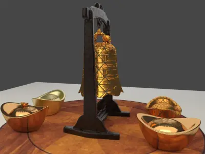 Chinese bell  with gold Ingot 3D model