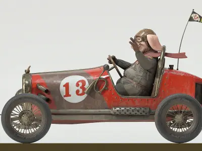 Pig racing car Low-poly 3D model