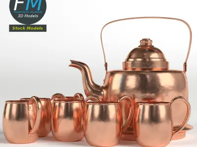 Copper kettle and mugs 3D model