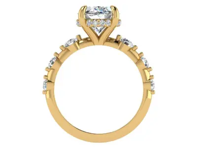 Oval Solitaire ring with under halo 3 stone on side 3D print model