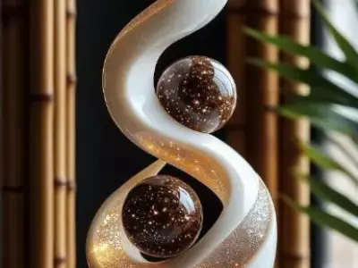 Elegant White Spiral Sculpture Glowing Golden Spheres 3D Low-poly 3D model